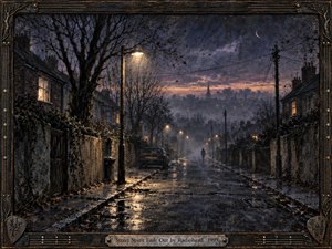 A solitary figure walks down a rain-darkened residential street beneath bare trees, glowing lamps, and a thin crescent moon. Wet pavement mirrors muted amber light against deep blue-gray shadows, creating a bleak, introspective mood. The detailed painterly scene is enclosed by a weathered, music-inspired carved frame.