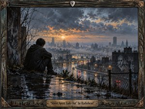 A solitary figure overlooks a rain-soaked city at dusk, surrounded by crumbling walls, bare branches, and reflective pavement. Cold blues and charcoal tones contrast with fading amber light and distant street lamps. The cinematic, painterly scene feels bleak and introspective, framed by distressed metal, strings, rivets, and an engraved title plate.