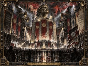 A monumental dystopian rally unfolds beneath a smoke-filled red and black sky, dominated by towering loudspeakers, weathered banners, and a colossal stone head. Crowds gather along wet reflective streets under harsh spotlights. The mixed-media painting blends charcoal, aged metal, distressed plaster, and industrial details into a tense, oppressive spectacle.