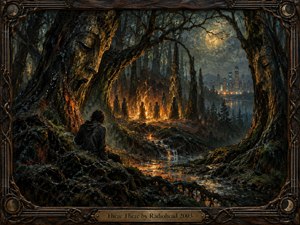 A solitary figure watches a firelit gathering deep within a twisted moonlit forest, while a distant city glows beyond the trees. Dark greens, blackened bark, amber flames, and cold blue shadows create an ominous dreamlike mood. Heavy oil textures, carved faces, reflective water, and an ornate wooden frame deepen the unease.