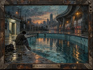 A solitary figure sits beside a rain-slicked urban swimming pool beneath warped concrete overpasses at dusk, surrounded by glowing streetlights, wet reflections, distant towers, and tangled utility lines. Muted teal, slate, rust, and amber tones deepen the tense, isolated mood, while distressed oil textures and industrial framing create tactile, melancholic intensity.