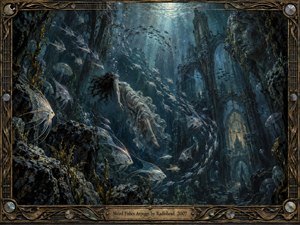 A drifting figure descends through a vast underwater cathedral as luminous fish spiral through blue-green currents. Cool shafts of light pierce the depths, revealing ruins, kelp, bubbles, and a weathered stone face. Rich painterly textures, bronze framing, silver highlights, and muted amber glows create a haunting, dreamlike sense of surrender.