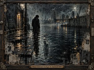 A lone figure stands knee deep in dark floodwater on a deserted industrial dock, facing a misty skyline of cranes and towers. Cold blue gray tones, scattered amber lights, and reflective ripples create a tense, melancholic mood. The mixed media style feels weathered, tactile, cinematic, and framed with battered musical ornament.