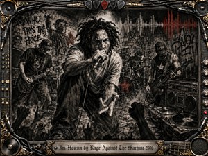 A fierce vocalist dominates a gritty underground performance, gripping a microphone as guitar, bass, and drums surge behind him. Charcoal-black textures, muted steel tones, and sharp red accents create an explosive rebellious mood. Graffiti-covered brick walls, turntables, cables, speakers, and ornate metallic framing give the scene a raw industrial intensity.