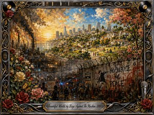 A divided cityscape contrasts industrial darkness and protest with a sunlit hillside of gardens, homes, and open community spaces. Warm gold, blue, green, and crimson tones meet smoky blacks beneath dramatic sunset light. Painterly textures, roses, butterflies, graffiti, barbed wire, and marching figures create a tense yet hopeful vision of beauty and struggle.