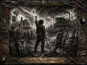 A defiant figure stands on a scarred farm road, raising a clenched fist toward looming machinery and smokestacks. Deep charcoal textures, stormy blacks, grays, and muted rust tones create a harsh, rebellious mood. Workers gather nearby beneath turbulent skies, framed by barbed wire, guitar hardware, distressed metal, and an engraved title plate.
