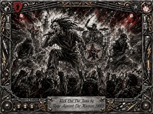 A furious rock performance erupts within an ornate industrial frame, as a screaming vocalist lunges toward a surging crowd while guitarist, bassist, and drummer drive the chaos behind him. Deep charcoal textures, crimson accents, sparks, smoke, and metallic highlights create a rebellious, explosive mood, intensified by cables, speakers, raised fists, and engraved details.