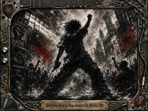 A defiant musician dominates a chaotic urban concert scene, fist raised amid surging silhouettes, towering speakers, graffiti, and fractured industrial forms. Deep charcoal textures, smoky blacks, weathered grays, and violent red accents create an explosive mood. Harsh backlighting intensifies the gritty composition, framed by chains, guitar hardware, cables, and aged metal ornamentation.