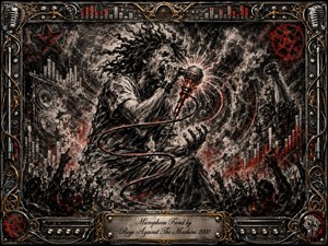 A fierce vocalist grips a glowing microphone amid swirling charcoal smoke, explosive sound waves, and shadowy raised hands. Deep black, gray, and white textures collide with vivid red accents and metallic gold details. An ornate music-themed frame of speakers, cables, knobs, and microphones surrounds the intense, rebellious concert scene.