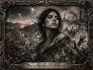 A defiant young woman dominates a turbulent industrial borderland, rendered in deep, textured charcoal with smoky grays, black shadows, and restrained crimson accents. Harsh sunset light cuts through factories, fencing, raised hands, roses, and barbed wire. An ornate metal frame with gold inlay and a scripted title plate intensifies the rebellious, mournful atmosphere.