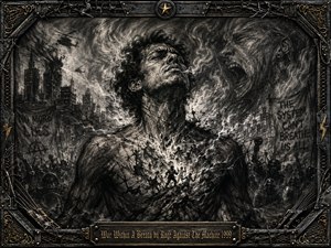 A defiant man rises from a shattered urban uprising, his chest erupting with smoke, lightning, and miniature figures locked in conflict. Deep feathered charcoal textures, stark black-and-gray contrasts, ruined buildings, helicopters, protesters, and riot police create a furious, suffocating mood, framed by barbed wire, metal, guitar strings, and ornate gold accents.