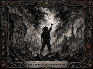 A defiant figure raises a clenched fist amid a ruined industrial wasteland, framed by twisted metal, barbed wire, guitar hardware, and scorched ornamentation. Deep charcoal blacks, smoky grays, rust, and ember-red accents create a furious, apocalyptic mood. Harsh backlighting, dense texture, graffiti, ash, and distant crowds intensify the rebellious atmosphere.