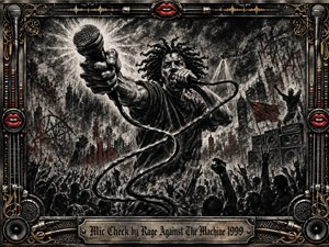 A fierce vocalist thrusts a microphone toward the viewer above a surging protest crowd, framed by speakers, cables, instruments, and vivid red lips. Deep charcoal textures dominate the gritty urban scene, pierced by white bursts and restrained crimson accents. Dramatic lighting, tangled cables, raised fists, and industrial ornament create explosive revolutionary energy.