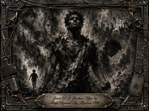 A battered man rises from a fractured urban wasteland, his body rendered in deep, feathered charcoal textures amid ghostly figures, crumbling walls, and distant silhouettes. Harsh monochrome lighting intensifies the anguish and defiance. A rusted metal frame of barbed wire, guitar hardware, and industrial details surrounds the bleak, expressive composition.