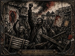 SongData_TownshipRebellion_RageAgainstTheMachine_1992 A defiant township crowd surges behind makeshift barricades, fists raised beneath smoke-filled skies and looming armored vehicles. Deep feathered charcoal textures dominate, sharpened by muted crimson and ochre accents. Stark lighting, torn posters, corrugated buildings, barbed wire, guitar strings, and a weathered metal frame create a raw atmosphere of resistance and solidarity.
