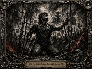 A defiant kneeling figure struggles amid broken bars, chains, rubble, and shadowy protesters in a ruined industrial setting. Deep charcoal textures, smoky blacks, weathered grays, and restrained red embers create a tense, rebellious mood. Harsh directional light emphasizes anguish, while an ornate metal frame and engraved title plate complete the dramatic composition.