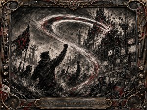 A defiant crowd surges through a scarred industrial city beneath a sweeping boomerang-shaped arc of white, black, and red energy. Deep textured charcoal dominates the gritty composition, punctuated by crimson accents and stark highlights. Raised fists, surveillance towers, tangled wires, speakers, barbed metal, and an ornate mechanical frame intensify the rebellious atmosphere.