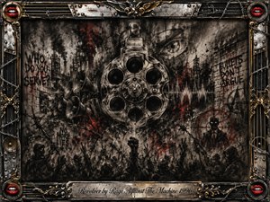 A giant revolver cylinder looms over a turbulent protest crowd amid crumbling industrial walls, speakers, barbed wire, and defiant graffiti. Deep charcoal textures, smoky blacks, weathered grays, and sharp crimson accents create a threatening, rebellious mood. An ornate chrome-and-gold musical frame with red lips surrounds the dramatic dystopian composition.