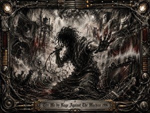 A fierce vocalist lunges through a ruined industrial stage, gripping a microphone amid tangled cables, shattered speakers, and chaotic crowd silhouettes. Deep charcoal textures, smoky grays, black, rust red, and metallic gold create an exhausted, confrontational mood. Harsh overhead light cuts through the gritty scene, framed by barbed wire and mechanical music hardware.