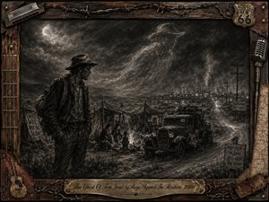 A weary drifter stands beside a Depression-era roadside camp beneath a crescent moon, while a ghostly figure rises through smoky charcoal clouds. Deep blacks, gray highlights, firelit faces, a battered car, distant industrial lights, and a winding highway create a bleak, defiant mood, enclosed by a weathered Americana music-themed frame.