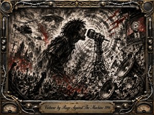 A furious charcoal-and-ink vision shows a lone vocalist shouting into a towering microphone amid collapsing city ruins, circling helicopters, shattered speakers, and distorted propaganda imagery. Black, gray, rust red, and muted gold dominate beneath harsh, smoky light. An ornate industrial frame of cables, metalwork, gauges, and speakers intensifies the rebellious atmosphere.