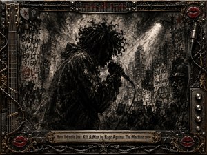 A fierce charcoal-rendered vocalist dominates a crumbling urban street, gripping a microphone beneath harsh white spotlights. Dense blacks, smoky grays, and muted bronze create a confrontational, rebellious mood. Graffiti, protest silhouettes, and distressed buildings surround him, while an elaborate metallic frame of strings, hardware, red lips, and engraved titlework intensifies the raw industrial atmosphere.