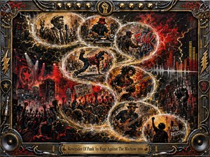 A fiery urban collage channels rebellion through an S-curve of glowing memory bubbles filled with DJs, dancers, musicians, activists, and protest crowds. Deep reds, black, gold, and metallic highlights create explosive energy beneath dramatic lighting. An ornate industrial music-themed frame surrounds the gritty acrylic-style scene and engraved title plate.