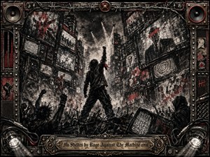 A lone rebel raises a fist amid a shattered city canyon of televisions, speakers, graffiti, and collapsing media screens. Deep charcoal textures, blackened steel, dirty whites, and violent red accents create a confrontational mood. Harsh spotlights cut through smoke and debris, while the riveted industrial frame and engraved title plate intensify the dystopian, revolutionary atmosphere.