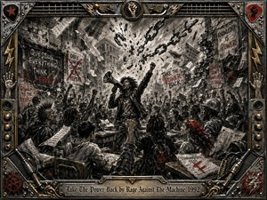 A defiant crowd erupts through a shattered classroom-street setting as a central protester raises a fist and megaphone beneath snapping chains. Deep charcoal textures, smoky grays, black shadows, and restrained red accents create urgent intensity. An ornate metallic rock-inspired frame surrounds the scene with cables, amplifier details, and an engraved title plate.