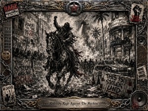 A masked rider charges down a smoke-filled luxury boulevard, fist raised amid protesters, riot police, barricades, and gleaming storefronts. Deep charcoal blacks, dusty grays, and restrained crimson accents create a fierce, rebellious mood. Dramatic high-contrast lighting, gritty feathered textures, flying debris, graffiti, and an ornate industrial frame intensify the confrontational composition.