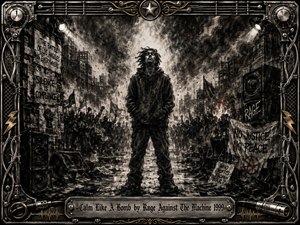 A lone figure stands calmly amid a turbulent urban uprising, surrounded by raised fists, protest banners, shattered streets, speakers, smoke, and glowing embers. Deep charcoal textures and muted black, gray, and rust tones create a brooding, explosive mood, framed by metallic guitar strings, cables, hardware, and an engraved title plate.