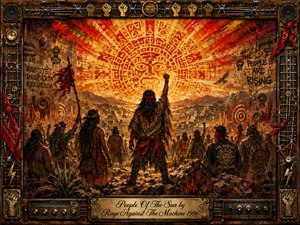 A fiery revolutionary gathering faces a radiant ancient sun symbol rising above rugged mountains and a dense city. Raised fists, bandanas, graffiti, and earthy figures create defiant solidarity. Burnt orange, crimson, gold, and black dominate under dramatic glowing light, while the textured painted style and instrument-themed metal frame intensify the rebellious energy.