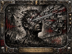 A fractured human profile dominates a dystopian charcoal collage, pierced by streams of television static, propaganda, and jagged media fragments. Protest crowds, surveillance eyes, loudspeakers, barbed wire, and graffiti fill the smoky industrial setting. Stark blacks and grays, sharp red accents, dramatic lighting, and an ornate metallic frame create a furious, oppressive atmosphere.