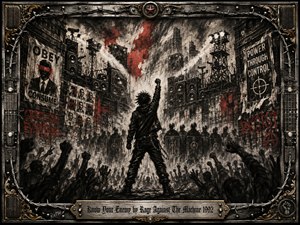 A lone rebel raises a clenched fist before riot police in a ruined industrial city, surrounded by surging silhouettes, propaganda posters, speakers, barbed wire, and graffiti. Deep charcoal textures, blackened steel, muted gray, and blood-red accents create a confrontational mood, framed by ornate metalwork and a weathered engraved title plate.