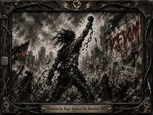 A defiant figure breaks free from shattered chains before a surging protest crowd in a ruined urban landscape. Deep charcoal blacks, smoky grays, and sharp red accents create a fierce, rebellious mood. Dramatic contrast, feathered textures, graffiti, raised fists, barbed wire, and an industrial rock-themed frame intensify the powerful sense of liberation.