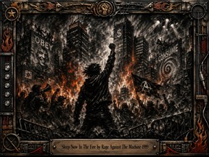 A charcoal-dark revolutionary city erupts in flames as a defiant figure raises a fist above a surging crowd. Towering buildings display ominous symbols of greed, profit, obedience, and consumption. Fiery orange highlights cut through smoky blacks and grays, while an industrial metal frame, speakers, wires, flames, and engraved title plate intensify the rebellious mood.