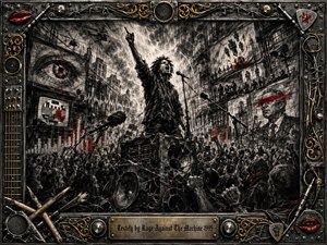 A defiant speaker rises above a surging urban crowd, shouting into microphones beneath surveillance screens, helicopters, and fractured propaganda imagery. Deep feathered charcoal, smoky blacks, harsh whites, and sharp red accents create a tense revolutionary mood. An industrial chrome-and-gold frame of cables, speakers, barbed wire, drumsticks, and guitar hardware encloses the scene.