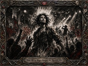 A defiant figure rises above a shadowed crowd in a turbulent urban concert scene, rendered in deeply feathered charcoal with stark black, gray, and blood-red accents. Harsh spotlights cut through smoke and graffiti, creating an urgent revolutionary mood. An ornate metallic frame of speakers, cables, guitar picks, and gold inlay surrounds the composition.