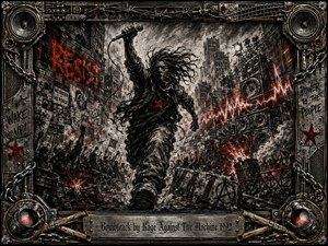 A masked figure charges through a chaotic urban protest, microphone raised amid roaring crowds, barricades, towering speakers, smoke, sparks, and jagged sound waves. Deep charcoal textures dominate the gritty composition, pierced by vivid red graffiti and glowing accents. Harsh dramatic lighting and an industrial metal frame intensify the rebellious, explosive atmosphere.