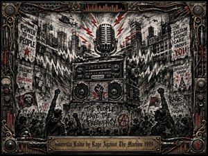 A battered boombox and towering vintage microphone dominate a rebellious urban streetscape, surrounded by protest crowds, graffiti, radio waves, and jagged red lightning. Deep charcoal textures, blackened steel, muted grays, and crimson accents create a tense revolutionary mood. An ornate industrial frame of speakers, cables, meters, and brass encloses the dramatic composition.