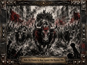 A furious herd of bulls charges through a shattered city street amid protesters, raised fists, red banners, smoke, and towering speaker stacks. Deep charcoal textures, stark black-and-white contrasts, and aggressive crimson accents create a rebellious, explosive mood. An industrial metal frame of studs, barbed wire, amplifier controls, and gold ornament surrounds the scene.