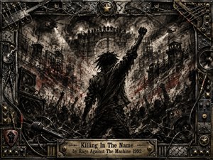 A defiant figure raises a clenched fist amid a chaotic industrial uprising, surrounded by crowds, watchtowers, searchlights, barbed wire, and speakers. Deep charcoal textures, blackened steel, smoky grays, and splashes of red create a fierce, oppressive mood. Harsh lighting and a riveted metal frame intensify the rebellious energy.