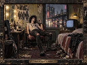 A weary punk rocker slumps in a battered chair inside a grimy late-night room, surrounded by scattered bottles, cables, clothes, and an old television. Rainy city lights glow through the window in reds, golds, and blues. Rough painterly textures, dim lamps, distressed walls, and a guitar-themed frame create restless exhaustion.