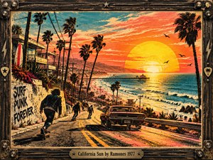 A fiery California sunset floods a winding coastal highway as skateboarders race past palm trees, beach houses, and a vintage car. Turquoise waves shimmer beneath a golden sun and coral sky. Distressed screen-print textures, graffiti, and a guitar-inspired metal frame capture the rebellious, sun-soaked spirit of seventies punk.
