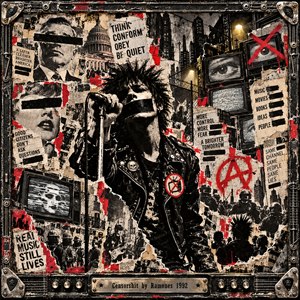 A defiant punk singer grips a microphone amid torn posters, censored portraits, surveillance screens, and riot police. Stark black, dirty white, and aggressive red dominate the chaotic urban collage. Harsh lighting, distressed textures, and rebellious graffiti evoke censorship and resistance, enclosed within a weathered metal frame with an engraved title plate.