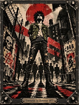 A defiant punk commando stands in a gritty New York alley, towering above shadowy marching soldiers. Barbed wire, graffiti, skull posters, and crumbling buildings evoke rebellion and military tension. Distressed screen-print textures combine black, olive, cream, and crimson beneath harsh streetlights. A riveted metal frame completes the rebellious composition.