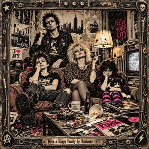A defiant punk family poses amid the clutter of a decaying New York apartment, their bored expressions contrasting with a glowing lamp and flickering television. Grimy beige, black, and electric pink dominate the distressed screen-print artwork. Scattered records, cigarettes, and spilled cereal reinforce its dark humor, enclosed by an industrial guitar-themed frame.