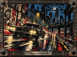 A black muscle car races through rain soaked city streets beneath a moonlit skyline. Blazing headlights, red light trails, graffiti covered walls, and industrial bridges create a rebellious punk atmosphere. Distressed screen printing in black, blue, yellow, and crimson enhances the dramatic motion, enclosed within a rugged metal guitar inspired frame.
