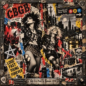 Two rebellious punk women charge through a gritty 1970s New York collage of torn posters, graffiti, subway imagery, and concert crowds. Black leather, ripped stockings, and wild hair capture youthful defiance. Harsh reds, yellows, and blues punctuate distressed monochrome textures, framed by industrial metal hardware and an engraved title plate.