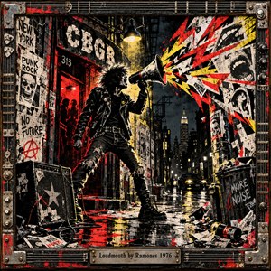 A defiant punk rocker shouts through a megaphone outside a gritty New York club, unleashing jagged red and yellow sound waves. Torn posters, graffiti, wet pavement, and harsh streetlights create rebellious energy. Distressed screen-print textures and a weathered metal frame capture the raw intensity of 1970s punk rock.
